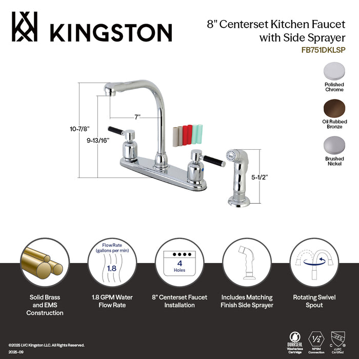 Kingston Tulare FB758DKLSP - Kaiser Two-Handle 4-Hole 8" Centerset Kitchen Faucet with Side Sprayer, Brushed Nickel