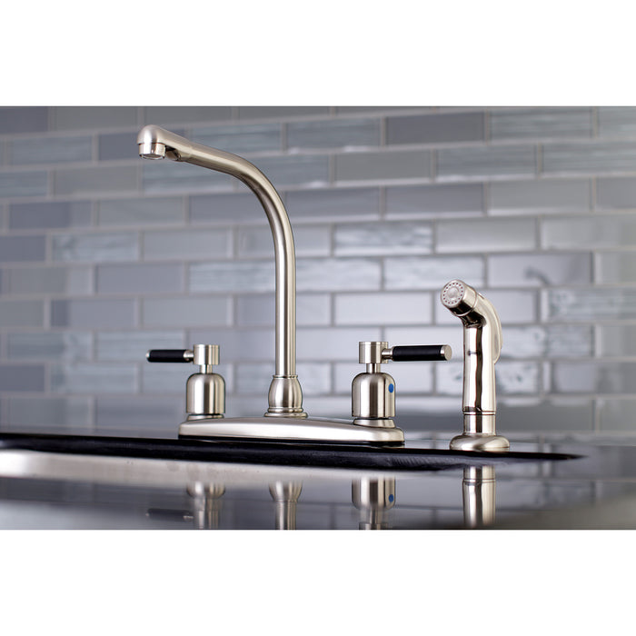 Kingston Tulare FB758DKLSP - Kaiser Two-Handle 4-Hole 8" Centerset Kitchen Faucet with Side Sprayer, Brushed Nickel