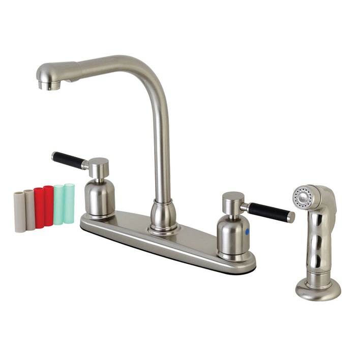 Kingston Tulare FB758DKLSP - Kaiser Two-Handle 4-Hole 8" Centerset Kitchen Faucet with Side Sprayer, Brushed Nickel