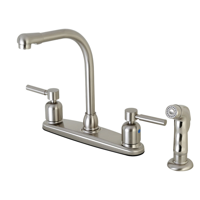 Kingston Tulare FB758DLSP - Concord Two-Handle 4-Hole 8" Centerset Kitchen Faucet with Side Sprayer, Brushed Nickel