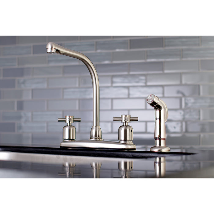Kingston Tulare FB758DXSP - Concord Two-Handle 4-Hole 8" Centerset Kitchen Faucet with Side Sprayer, Brushed Nickel