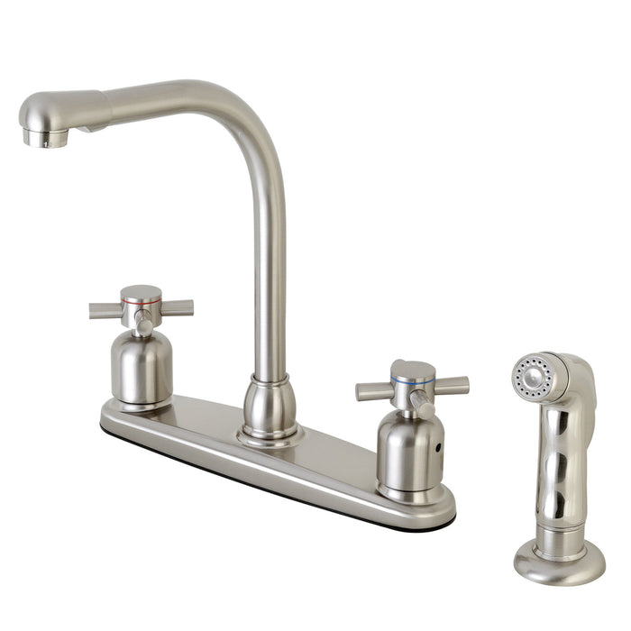 Kingston Tulare FB758DXSP - Concord Two-Handle 4-Hole 8" Centerset Kitchen Faucet with Side Sprayer, Brushed Nickel