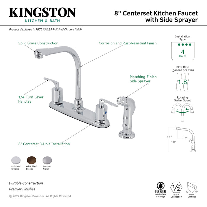 Kingston Tulare FB758SVLSP - Serena Two-Handle 4-Hole 8" Centerset Kitchen Faucet with Plastic Side Sprayer, Brushed Nickel