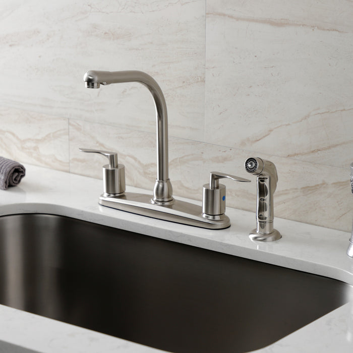 Kingston Tulare FB758SVLSP - Serena Two-Handle 4-Hole 8" Centerset Kitchen Faucet with Plastic Side Sprayer, Brushed Nickel