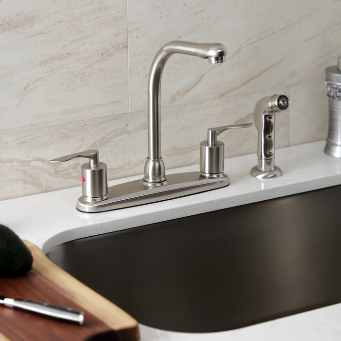 Kingston Tulare FB758SVLSP - Serena Two-Handle 4-Hole 8" Centerset Kitchen Faucet with Plastic Side Sprayer, Brushed Nickel