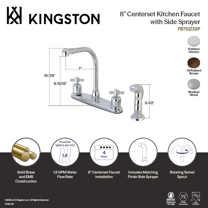 Kingston Tulare FB758ZXSP - Millennium Two-Handle 4-Hole 8" Centerset Kitchen Faucet with Side Sprayer, Brushed Nickel