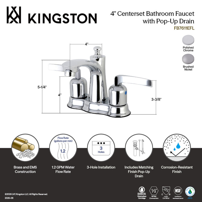 Kingston Tulare FB7611EFL - Centurion Double-Handle 3-Hole Deck Mount 4-Inch Centerset Bathroom Faucet with Pop-Up Drain, Polished Chrome