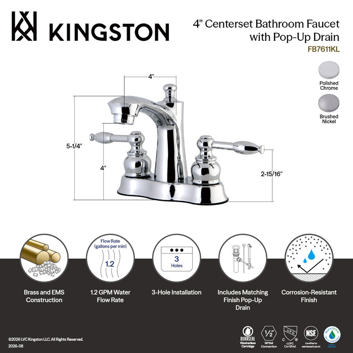 Kingston Tulare FB7611KL - Knight Double-Handle 3-Hole Deck Mount 4-Inch Centerset Bathroom Faucet with Pop-Up Drain, Polished Chrome