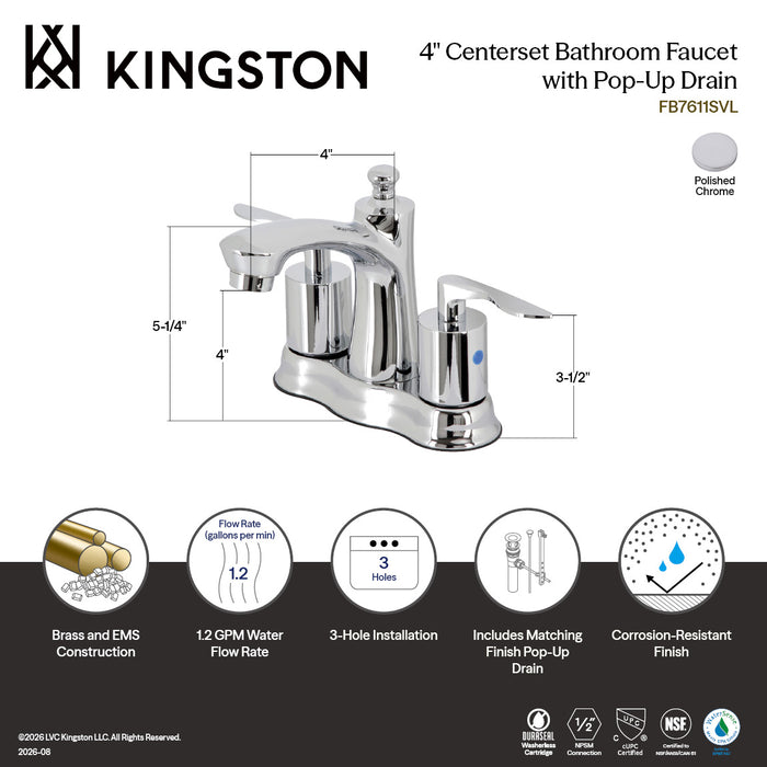 Kingston Tulare FB7611SVL - Serena Double-Handle 3-Hole Deck Mount 4-Inch Centerset Bathroom Faucet with Pop-Up Drain, Polished Chrome