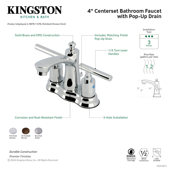 Kingston Tulare FB7615CML - Manhattan Double-Handle 3-Hole Deck Mount 4-Inch Centerset Bathroom Faucet with Pop-Up Drain, Oil Rubbed Bronze