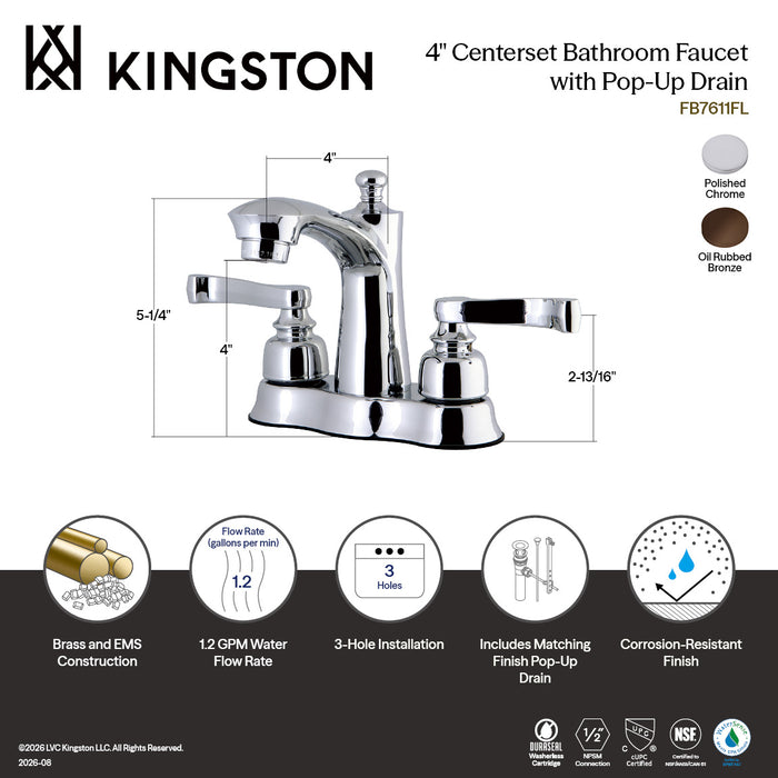 Kingston Tulare FB7615FL - Royale Double-Handle 3-Hole Deck Mount 4-Inch Centerset Bathroom Faucet with Pop-Up Drain, Oil Rubbed Bronze