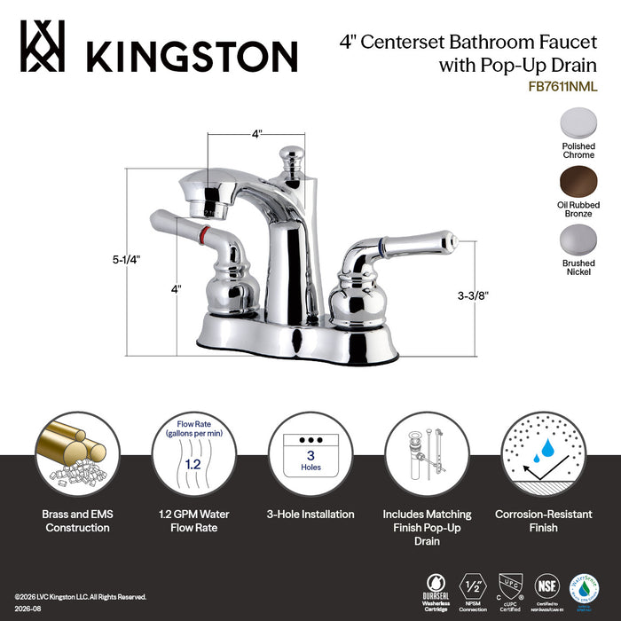 Kingston Tulare FB7615NML - Naples Double-Handle 3-Hole Deck Mount 4-Inch Centerset Bathroom Faucet with Pop-Up Drain, Oil Rubbed Bronze