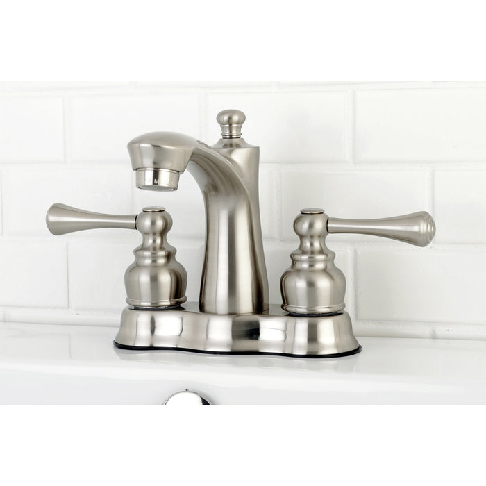 Kingston Tulare FB7618BL - Vintage Double-Handle 3-Hole Deck Mount 4-Inch Centerset Bathroom Faucet with Pop-Up Drain, Brushed Nickel