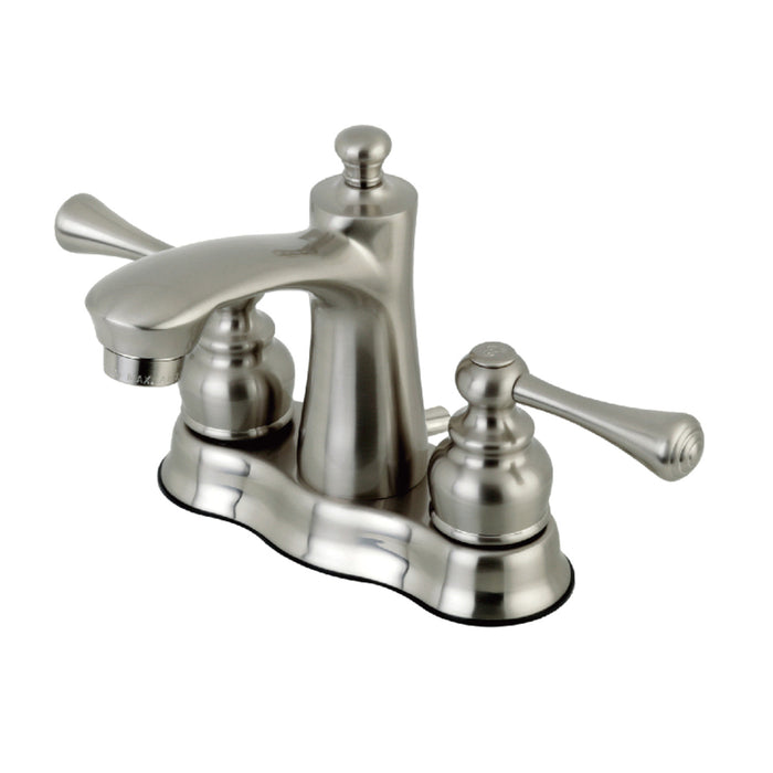 Kingston Tulare FB7618BL - Vintage Double-Handle 3-Hole Deck Mount 4-Inch Centerset Bathroom Faucet with Pop-Up Drain, Brushed Nickel