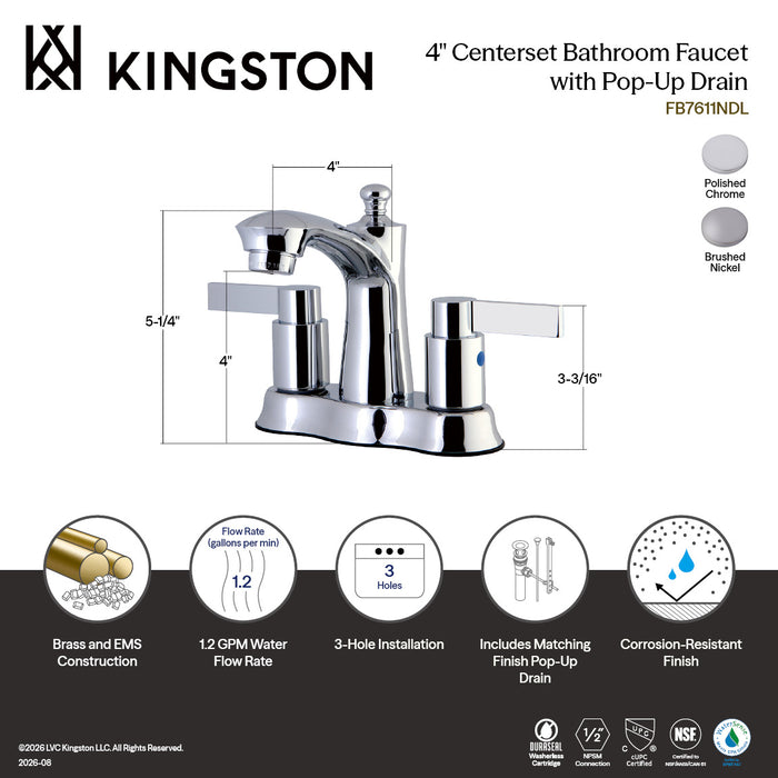 Kingston Tulare FB7618NDL - NuvoFusion Double-Handle 3-Hole Deck Mount 4-Inch Centerset Bathroom Faucet with Pop-Up Drain, Brushed Nickel