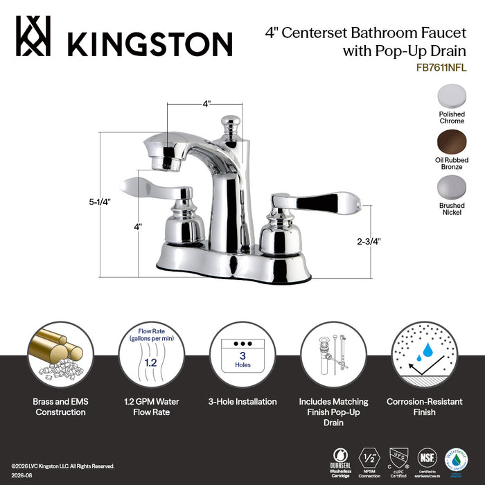 Kingston Tulare FB7618NFL - NuWave French Double-Handle 3-Hole Deck Mount 4-Inch Centerset Bathroom Faucet with Pop-Up Drain, Brushed Nickel