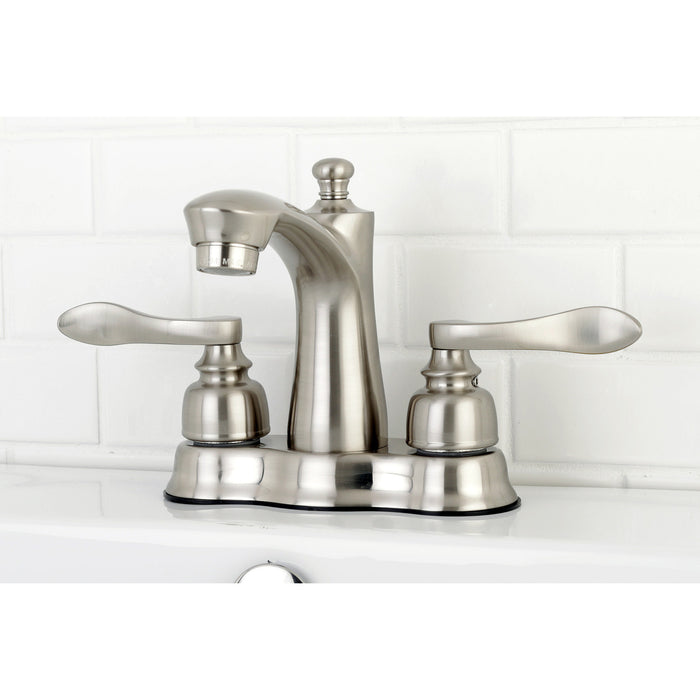 Kingston Tulare FB7618NFL - NuWave French Double-Handle 3-Hole Deck Mount 4-Inch Centerset Bathroom Faucet with Pop-Up Drain, Brushed Nickel
