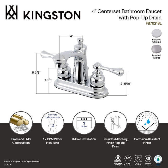 Kingston Tulare FB7621BL - Vintage Double-Handle 3-Hole Deck Mount 4-Inch Centerset Bathroom Faucet with Pop-Up Drain, Polished Chrome