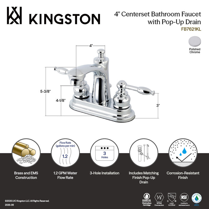 Kingston Tulare FB7621KL - Knight Double-Handle 3-Hole Deck Mount 4-Inch Centerset Bathroom Faucet with Pop-Up Drain, Polished Chrome