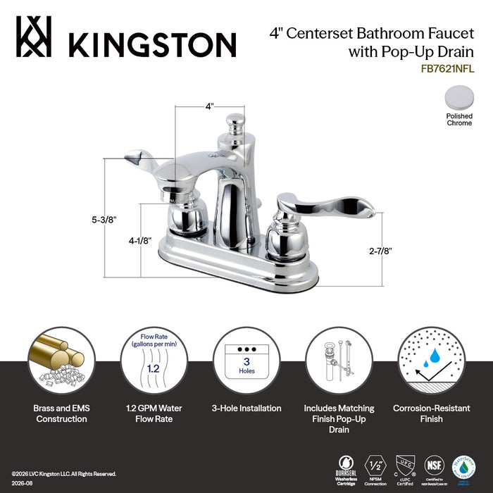 Kingston Tulare FB7621NFL - NuWave French Double-Handle 3-Hole Deck Mount 4-Inch Centerset Bathroom Faucet with Pop-Up Drain, Polished Chrome