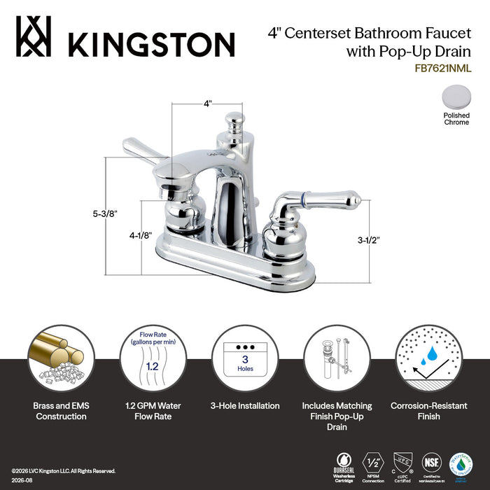 Kingston Heirloom FB7621NML - Naples Double-Handle 3-Hole Deck Mount 4-Inch Centerset Bathroom Faucet with Pop-Up Drain, Polished Chrome