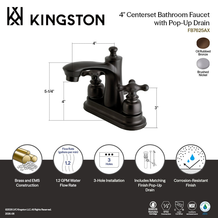 Kingston Victorian FB7625AX Double-Handle 3-Hole Deck Mount 4-Inch Centerset Bathroom Faucet with Pop-Up Drain, Oil Rubbed Bronze