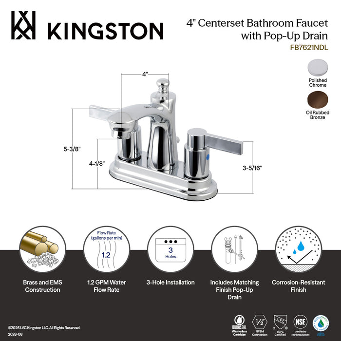 Kingston NuvoFusion FB7625NDL Double-Handle 3-Hole Deck Mount 4-Inch Centerset Bathroom Faucet with Pop-Up Drain, Oil Rubbed Bronze
