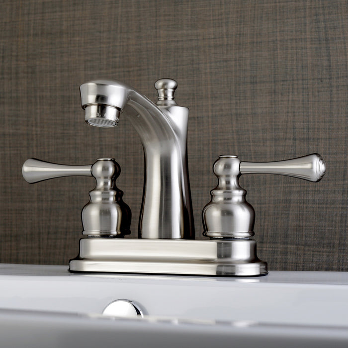 Kingston Tulare FB7628BL - Vintage Double-Handle 3-Hole Deck Mount 4-Inch Centerset Bathroom Faucet with Pop-Up Drain, Brushed Nickel