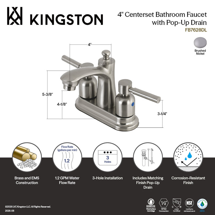 Kingston Tulare FB7628DL - Concord Double-Handle 3-Hole Deck Mount 4-Inch Centerset Bathroom Faucet with Pop-Up Drain, Brushed Nickel