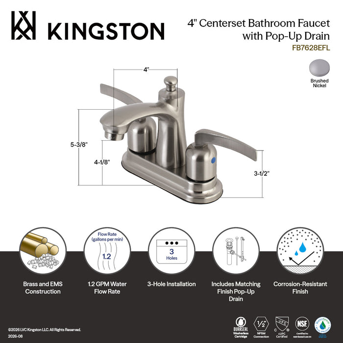 Kingston Tulare FB7628EFL - Centurion Double-Handle 3-Hole Deck Mount 4-Inch Centerset Bathroom Faucet with Pop-Up Drain, Brushed Nickel