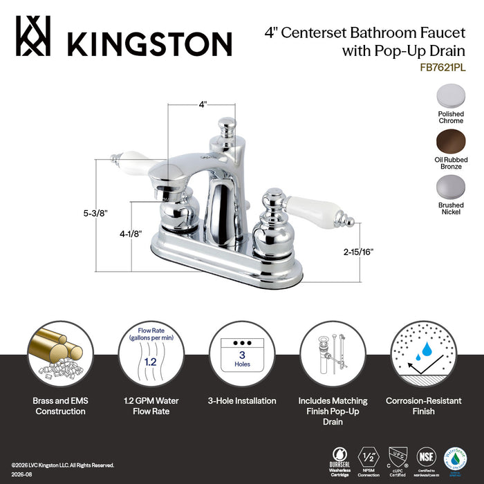 Kingston Tulare FB7628PL - Victorian Double-Handle 3-Hole Deck Mount 4-Inch Centerset Bathroom Faucet with Pop-Up Drain, Brushed Nickel