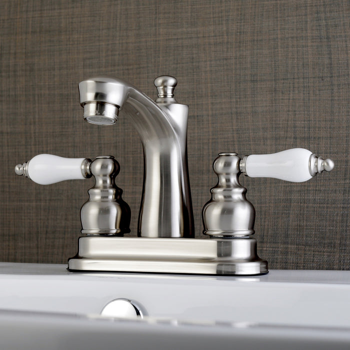 Kingston Tulare FB7628PL - Victorian Double-Handle 3-Hole Deck Mount 4-Inch Centerset Bathroom Faucet with Pop-Up Drain, Brushed Nickel