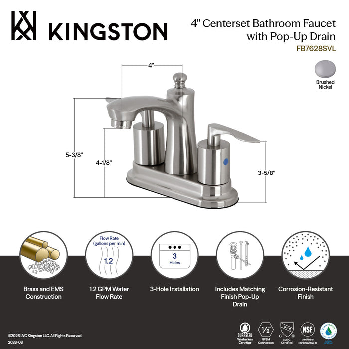 Kingston Tulare FB7628SVL - Serena Double-Handle 3-Hole Deck Mount 4-Inch Centerset Bathroom Faucet with Pop-Up Drain, Brushed Nickel