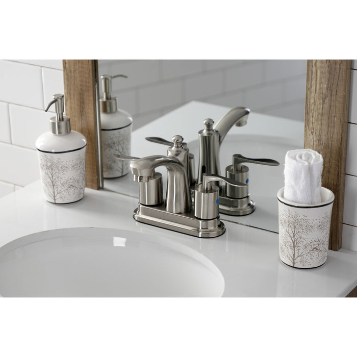 Kingston Tulare FB7628SVL - Serena Double-Handle 3-Hole Deck Mount 4-Inch Centerset Bathroom Faucet with Pop-Up Drain, Brushed Nickel