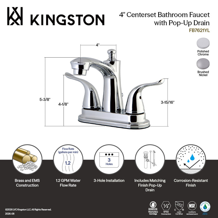 Kingston Tulare FB7628YL - Yosemite Double-Handle 3-Hole Deck Mount 4-Inch Centerset Bathroom Faucet with Pop-Up Drain, Brushed Nickel