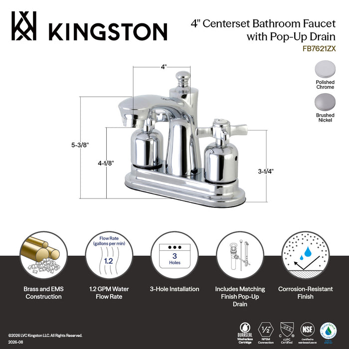 Kingston Tulare FB7628ZX - Millennium Double-Handle 3-Hole Deck Mount 4-Inch Centerset Bathroom Faucet with Pop-Up Drain, Brushed Nickel