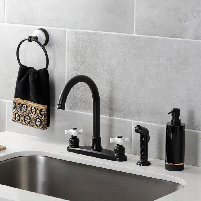 Kingston Tulare FB7790PXSP - Victorian Two-Handle 4-Hole 8" Centerset Kitchen Faucet with Side Sprayer, Matte Black