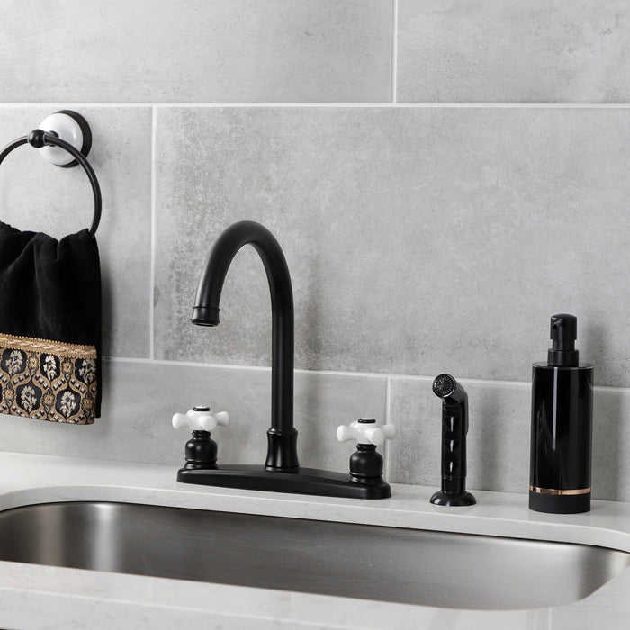 Kingston Tulare FB7790PXSP - Victorian Two-Handle 4-Hole 8" Centerset Kitchen Faucet with Side Sprayer, Matte Black