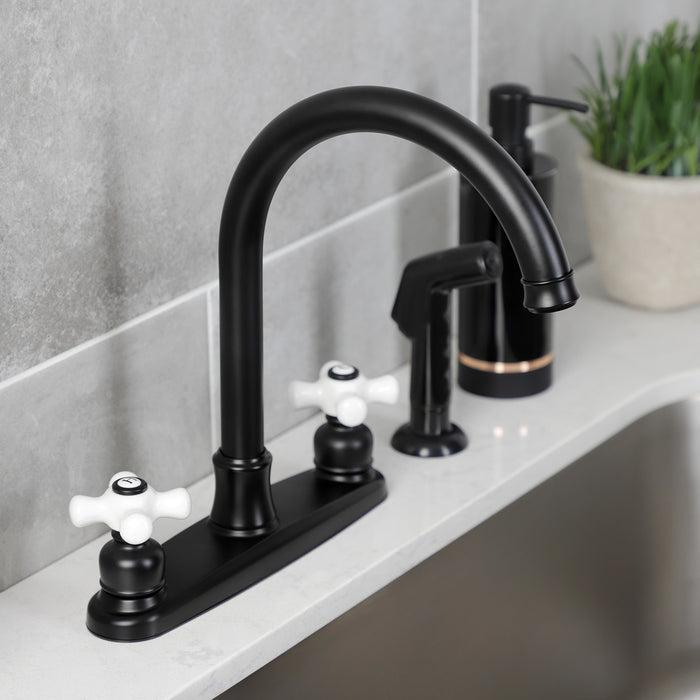 Kingston Tulare FB7790PXSP - Victorian Two-Handle 4-Hole 8" Centerset Kitchen Faucet with Side Sprayer, Matte Black