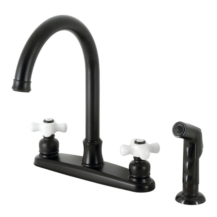 Kingston Tulare FB7790PXSP - Victorian Two-Handle 4-Hole 8" Centerset Kitchen Faucet with Side Sprayer, Matte Black