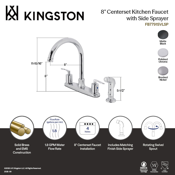 Kingston Tulare FB7790SVLSP - Serena Two-Handle 4-Hole 8" Centerset Kitchen Faucet with Side Sprayer, Matte Black