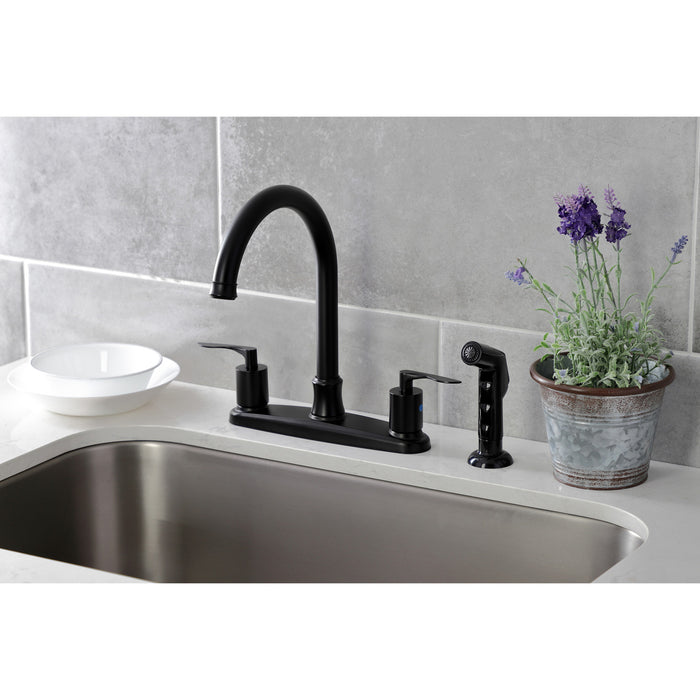 Kingston Tulare FB7790SVLSP - Serena Two-Handle 4-Hole 8" Centerset Kitchen Faucet with Side Sprayer, Matte Black