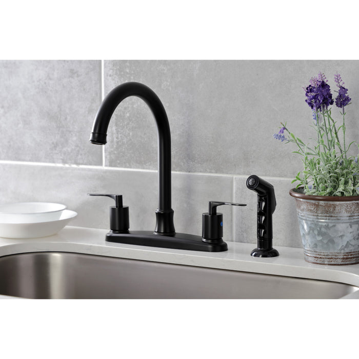 Kingston Tulare FB7790SVLSP - Serena Two-Handle 4-Hole 8" Centerset Kitchen Faucet with Side Sprayer, Matte Black