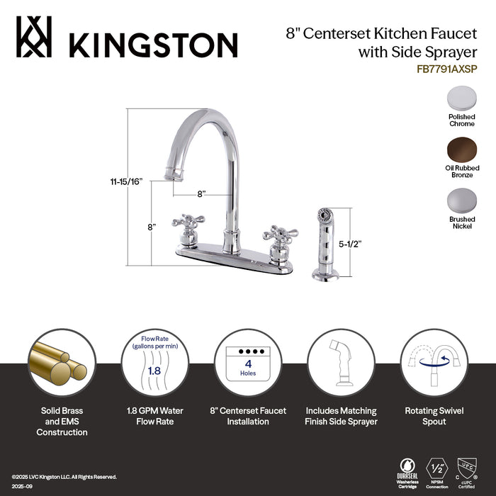 Kingston Heirloom FB7791AXSP - Victorian Two-Handle 4-Hole 8" Centerset Kitchen Faucet with Side Sprayer, Polished Chrome