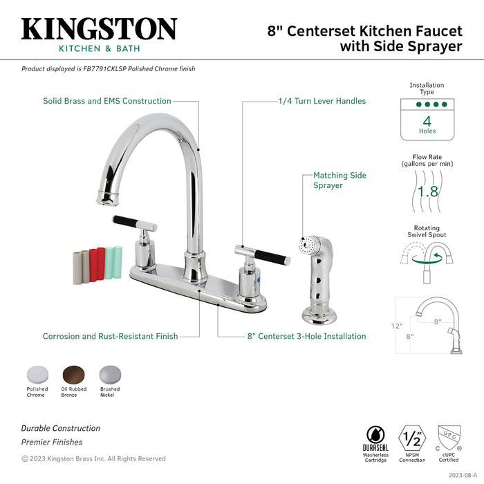 Kingston Tulare FB7791CKLSP - Kaiser Two-Handle 4-Hole 8" Centerset Kitchen Faucet with Side Sprayer, Polished Chrome