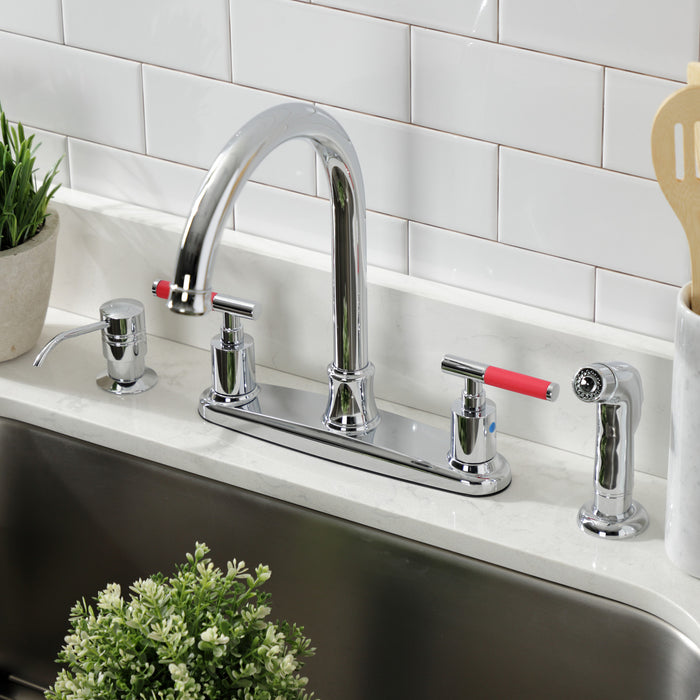 Kingston Tulare FB7791CKLSP - Kaiser Two-Handle 4-Hole 8" Centerset Kitchen Faucet with Side Sprayer, Polished Chrome