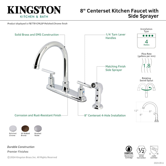 Kingston Tulare FB7791CMLSP - Manhattan Two-Handle 4-Hole 8" Centerset Kitchen Faucet with Side Sprayer, Polished Chrome