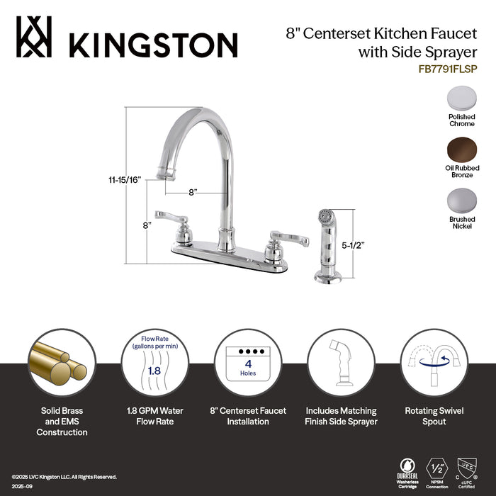Kingston Tulare FB7791FLSP - Royale Two-Handle 4-Hole 8" Centerset Kitchen Faucet with Side Sprayer, Polished Chrome