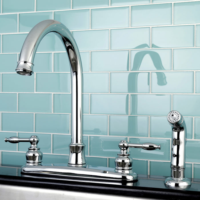 Kingston Tulare FB7791KLSP - Knight Two-Handle 4-Hole 8" Centerset Kitchen Faucet with Side Sprayer, Polished Chrome