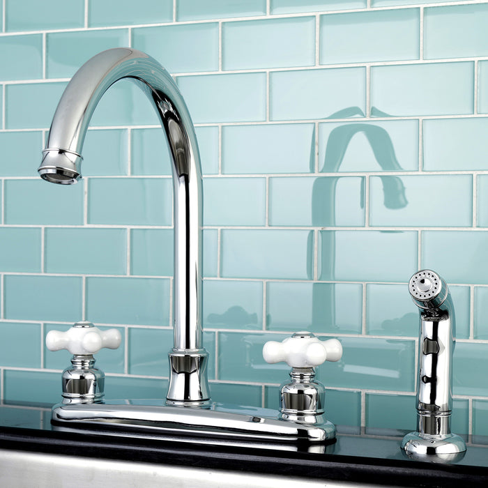 Kingston Tulare FB7791PXSP - Victorian Two-Handle 4-Hole 8" Centerset Kitchen Faucet with Side Sprayer, Polished Chrome